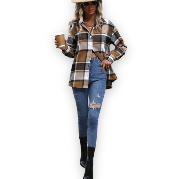 New Bohemian Casual Khaki Soft Collard Plaid Print Button Front Blouse Large - Picture 7 of 11